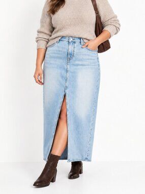 OLD NAVY Mid-Rise Drapey Denim Maxi Skirt Blue Sz 16 Stretch Casual Timeless